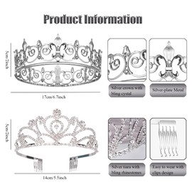 2PCS King and Queen Crown Set Metal Crown for Men and Women Crystal Tiaras for Girls Costume Accessories for Prom Wedding (Silver 3)