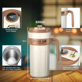 Homealexa Smart Coffee Travel Mugs, 650ml, Stainless Steel Vacuum Insulating Cup, LED Touch Screen Temperature Gauge (Kaki)
