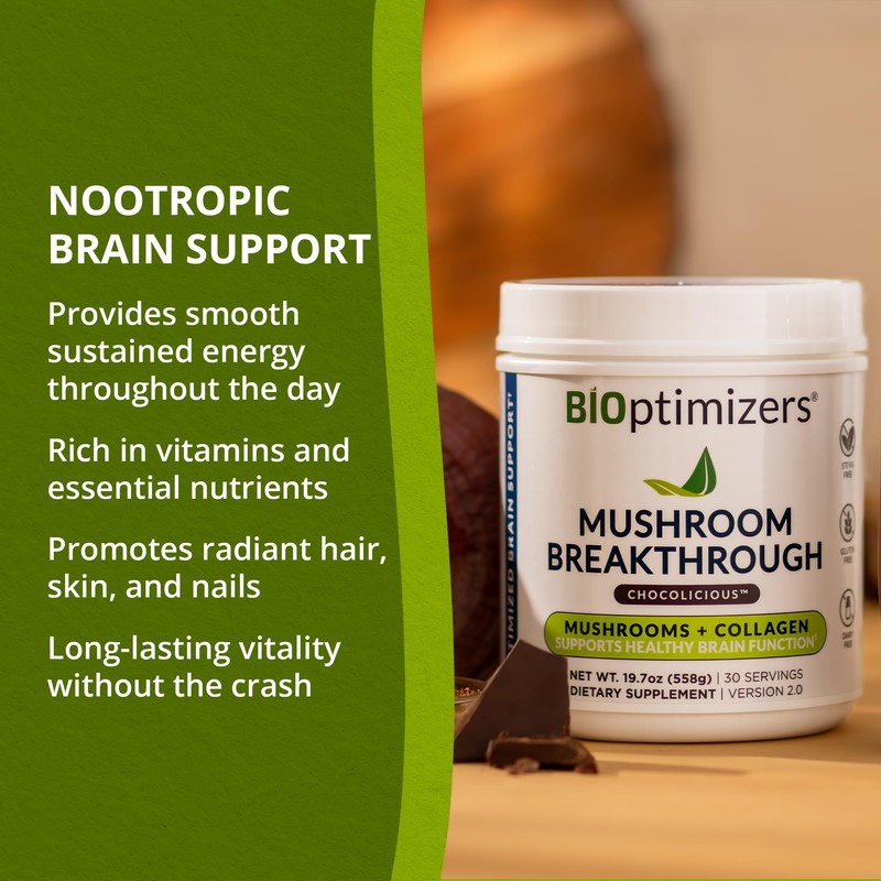 BiOptimizers Chocolicious Mushroom Breakthrough | Nootropic Supplement Blended Powder of