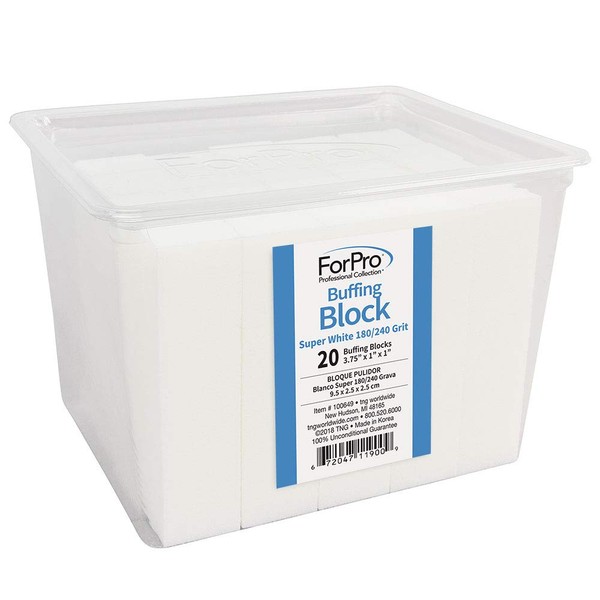 ForPro Professional Collection Super White Buffing Block, 180/240 Grit, Four-Sided Manicure & Pedicure Nail Buffer, 3.75” L x 1” W x 1” H, 20Count