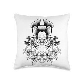 Geisha, Hannya Oni Mask/ Japan Anime, Demon Warrior Mask, Throw Pillow