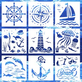 9 PCS Compass Anchor Stencils Plastic Nautical Theme Painting Templates, Sailboat Beacon Stencils for DIY Crafts Scrapbooking Wood Floor Wall Decor 7.9 x 7.9 Inch