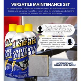 Blaster White Lithium Grease Spray 11 oz Bundle with Microfiber Cloth - Low-Odor Spray Grease for Auto Hinges, Gears & Hitches - Protects Against Moisture & Oxidation - (4 Items)