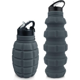 Caliber Gourmet SILICONE COLLAPSABLE TRAVEL WATER BOTTLE 580ML Reusable Silicone Foldable Water Bottles for Gym Camping Hiking, Portable Leak Proof Sports Water Bottle with Carabiner (Dark gray)