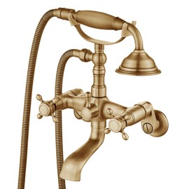 Aolemi Antique Brass Clawfoot Tub Faucet Wall Mount Bathroom Tub Filler with Hand Held Shower Sprayer Vintage Bathtub Faucet Set Double Cross Handle