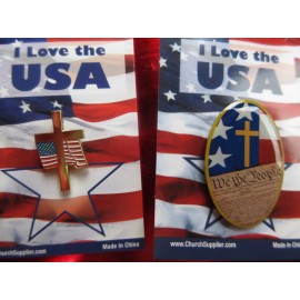 2 - American Flags with Christian Cross, Lapel or Hat Pin
