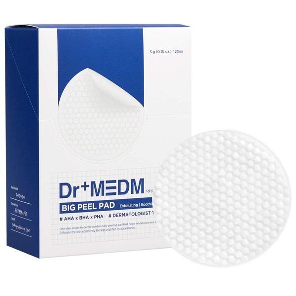 DR+ MEDM Big Peel Pad 3g 20 Pack- AHA, BHA, PHA, CICA Mild Exfoliating & Soothing 2 in 1 Dual Side Big Size Facial Peeling Pads, First Step of Skincare