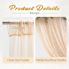 10x8ft Champagne Tulle Backdrop Curtain with Lights String for Parites, Sheer Photo Backdrop Curtains with Lights for Wedding Backdrop Ceremony Reception Bridal Shower Baby Shower Birthday Party