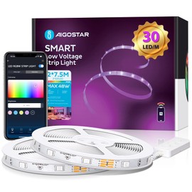 Aigostar LED Strip Alexa 15 m, RGB LED Strip with 28-Button IR Remote Control, Compatible with Alexa/Google Home, Music Sync, LED Light Strip for Party/Bar/Home/Bedroom/E-Sports Room, 48 W