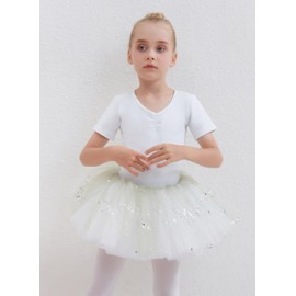 Girls' Ballet Clothing Ballet Dress Kids Cotton Dance Jersey with Tutu Skirt Short Sleeve Ballet Outfit Gymnastics with Skirt Tutu, White