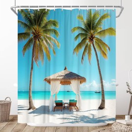 JONSEQIN Beach Palm Tree Shower Curtain Tropical Ocean Seaside Nature Scenery Print Drapes Summer Hawaii Coastal Beach Chair Bathroom Decor Curtains 70x70 inch with Hook