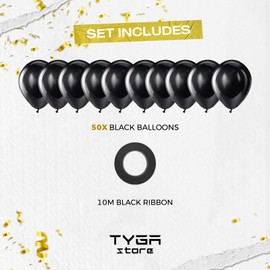 TYGA Black Balloons 12 Inch 50 Pack With Ribbon - Strong Thicken Latex Birthday Balloons - Perfect for Kids Party, Weddings, Events, and Decorations Accessories
