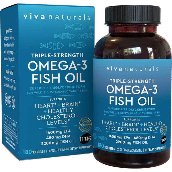 Omega 3 Fish Oil - Omega 3 Supplement with Essential Fatty Acid Combination of EPA & DHA, Triple Strength Wild Fish Oil softgels with No Fish Burps, 180 capsules