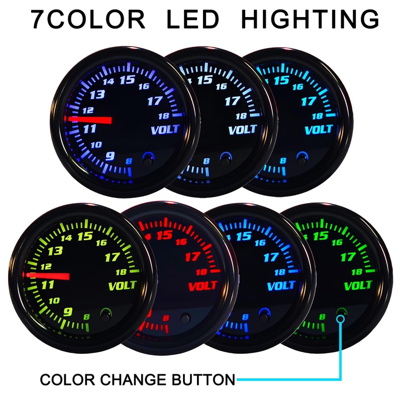 Nrkiscy Tinted 7 Color Volt Voltmeter Gauge kit 8-18V 2-1/16"(52mm)