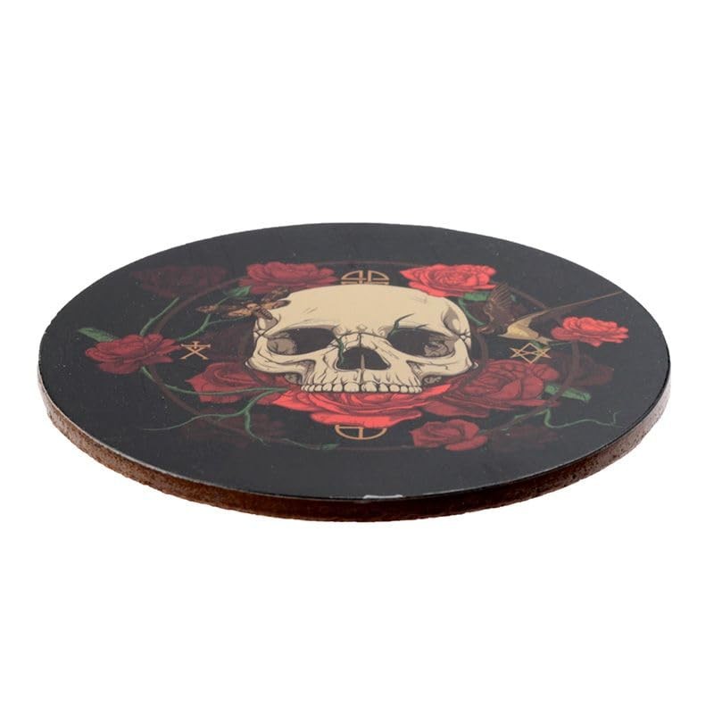 4 Glass Drinks Cork Coasters with Skull and Roses Motif
