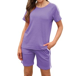 Bbkkuck Women's Two Piece Lounge Sweatsuits Summer Casual Shirts Biker Shorts Matching Outfits Travel Tracksuit