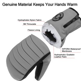 KUTOOK Ski Gloves Men Snow Mittens Womens Leather Snow Gloves Waterproof Grey Medium