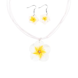 Hawaiian Plumeria Earrings Necklace Set Bohemia Dangle Earring Floral Necklaces for Women Summer Beach Party Accessory, White