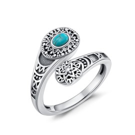 Reaii Natural Turquoise Spoon Ring for Women 925 Sterling Silver Vintage Boho Thumb Rings Oxidized Wrap Ring Victorian Style Antique Floral Jewelry Gifts