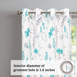 July Joy Printed Sheer Curtains Linen Textured for Living Room Floral Leaf Design Farmhouse Style Window Panel Drapes Set Grommet Treatment for Bedroom, Dining, 52 x 54 inch, Teal