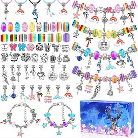 Kit para Hacer Pulseras Niñas, 112 PZS Kit Artesanía DIY Pulsera de Plata Cadena,Kit de Fabricación de Pulseras de Abalorios para Niñas, Manualidades DIY Set para Año, Exquisita Caja de Alce Regalos para Niña de Cumpleaños,Día del Niño,Navidades
