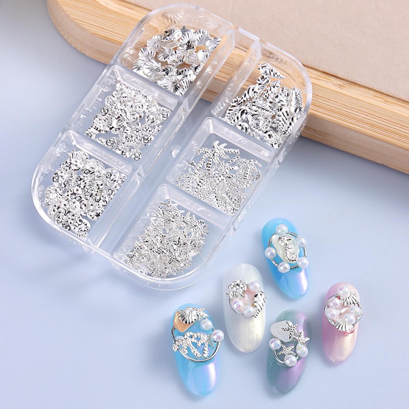 Furtherpretty 3D Beach Nail Charms Set, Alloy Gold Silver Seashell