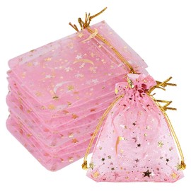 SUMAJU 100 Pieces Moon Star Organza Jewelry Candy Bags, 2.7x3.5 Inch Sheer Pink Organza Pouch Small Gift Bags with Drawstring for Valentine's Day Wedding Baby Shower Birthday Party Favors