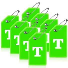 Gostwo 8 Pack Luggage Tags for Suitcases, 26 Initial Letter Travel Luggage Baggage Identification Labels ID Tags Fully Bendable Tags with Stainless Steel Loop (Letter T, Green)