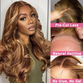Highlight Glueless Wigs Human Hair Pre Plucked Pre Cut 5x5 Lace Closure Body Wave Wig 180% Density Wear and Go 4/27 Ombre Wavy Wigs for Women Beginner Friendly 28 Inch