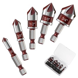 APIOLO 5-Piece Countersink Drill Bit Set, 82 Degree, 5 Flute High Speed Steel Countersink Bits, Quick-Change Hex Shank, for Metal, Wood, Plastic, 1/4" to 3/4" Size, with Plastics Storage Case