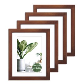 TKYGU Picture Frame MDF 5x7 with mat to 4x6 photo Frame Set of 4 - Walnut MDF Wood Picture Frames, High Tempered Glass Tabletop and Wall Mounting Display Photo Frame for Home Decor