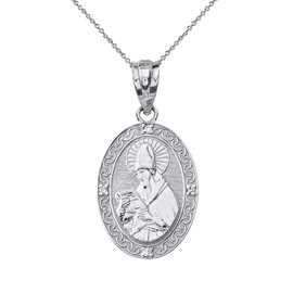 Sideways Crosses Sterling Silver Saint Augustine of Hippo Religious Oval Medal CZ Necklace, 20"
