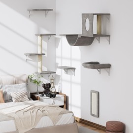 Wall Mounted Cat Climbing Frame, 6pc Cat Wall Furniture, Cat Climber with Cat House, Bridge, Tree, Steps, and Scratcher, DIY Cat Walls Playground, Cat Shelves for Indoor Wall Furniture Set