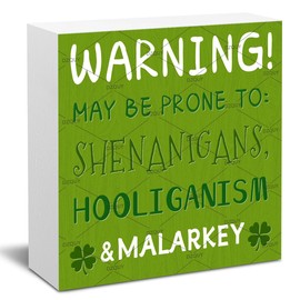 Shenanigans Irish Decor Shamrock Box Sign, DZQUY Warning May Be Prone To Wooden Box Signs, Funny Table Decor Wood Block Plaques 5.1x5.1 inch