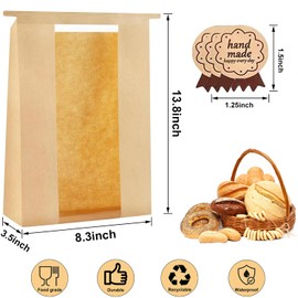 100 Pack thicker Lmoszuak Large Paper Bread Loaf Bags,for Homemade Bread(13.7x8.2x3.7in)& Tin Tie Tab Lock. with Window bags & 125pcs Sealing Stickers,Suitable for Packaging and Storage of Baked Goods
