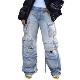 Baczoe Cargo Jeans for Women Y2K High Waisted Baggy Jeans Straight Wide Leg Cargo Pants Streetwear (Blue, L)