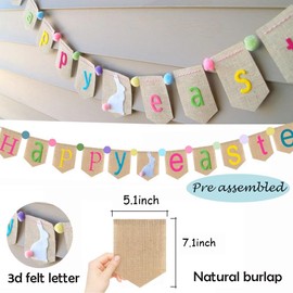 Happy Easter Burlap Banner Decorations, Happy Easter Garland Bunting, Spring Farmhouse Decorations for Mantle,Rabbit Banner Gift for Kids