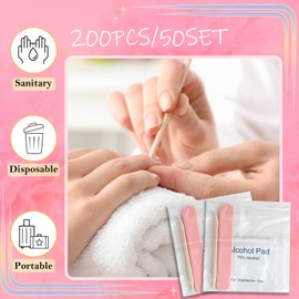 Set of 50 Disposable Nail Set for Artificial Fingernails, 50 Nail Files, 50 Cleaning Pads, 50 Wooden Sticks, 50 OPP Bags, Complete Manicure Preparation Set for Salon and Home (Pink-A)