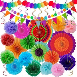 Pack of 20 Party Decoration Set, Hanging Paper Fans, Pompoms Flowers, Paper Bunting and Dot Chain for Party, Wedding, Birthday, Graduation Decoration, Christmas, Carnival (Colour)