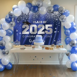 Mocsicka 2025 Graduation Party Backdrop Class of 2025 Blue Silver Glitter Background Congratulations Graduates Party Decoration Banner Photo Booth Props (10x7ft)