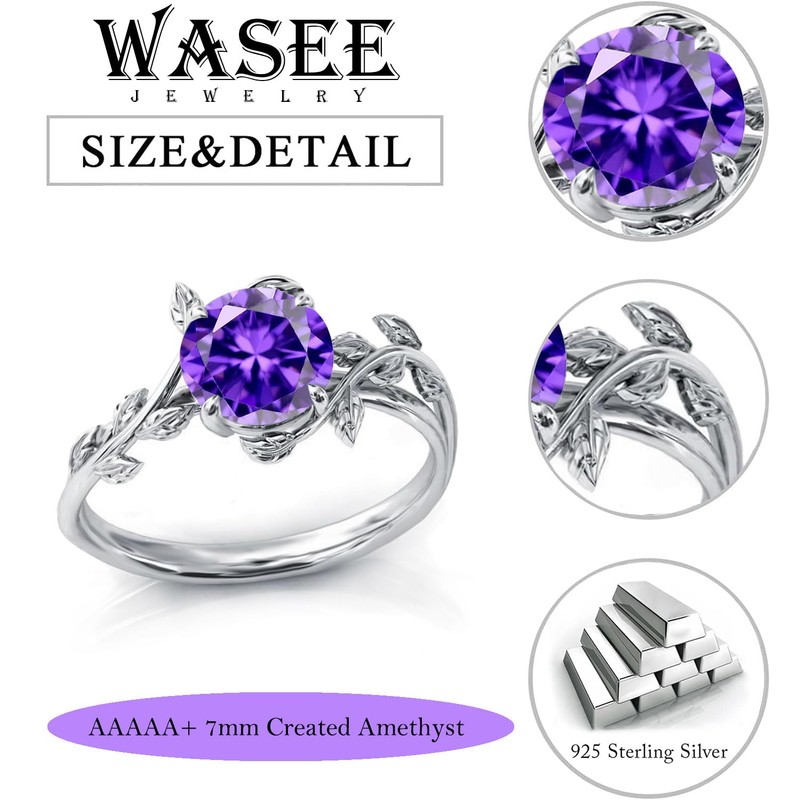Wasee Sterling Silver Amethyst Leaf Ring, Size 7, Round, Birthstone