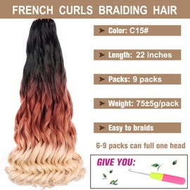 COOKOO 22 Inch Pre-stretched French Curly Braiding Hair 9 Packs Loose Wavy Bouncy French Curl Braiding Hair Extensions 75g/Pack Ombre Synthetic Crochet Hair Extensions C15#
