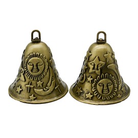 Pinenjoy 2Pcs Feng Shui Bell Carved Sun Star Moon Pattern Vintage Bronze Bell 2.64x2.36inch Temple Wind Chime for Home Garden Door Good Luck Bless Hanging Decors