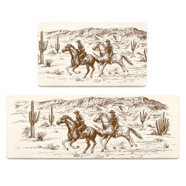 Western Kitchen Rugs Sets of 2 Country Cowboy Kitchen Mats Anti Fatigue Cushioned Kitchen Floor Mats Non Slip Comfort Standing Mat for Sink Laundry Office (Beige, 17.5"x29.5"+17.5"x47")
