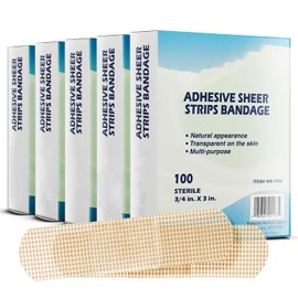 Novamedic Self-Adhesive Sheer Strips Bandages for Wound Dressing, 3/4 x 3 Inches, 100 Count (Pack of 10) First Aid Bandages w/Absorbent Non-Stick Pads, Breathable, Skin-Tone PE Material, 1,000 Strips