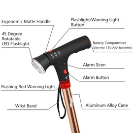 LINGTHIN Cane with Seat for Men 220 lbs Capacity, Height Adjustable Foldable Stick Chair Cane and Stool Dual-use with LED Flashlight, Warning Light and Alarm for Elderly and Adults.