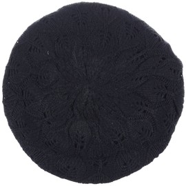 BYOS Winter Chic Leafy Cutout Crochet Knit Slouchy Beret Beanie Hat, Double Layers (Black)