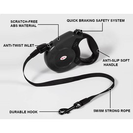 Qttie 8M Retractable Dog Leash, Hands Free Long Dog Lead,Heavy Duty Dog Walking Leash for Dog, Cat up to 40 kg, 360° Tangle-Free Strong Nylon Tape, Anti-Slip Handle, Brake,Pause,Lock Black