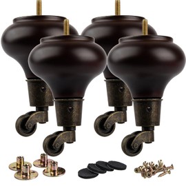 La Vane 5 inch Wooden Furniture Legs with Castor, 4PCS Soild Wood Walnut Turned Replacement Bun Feet with Pre-Drilled M8 Inch Bolt & Mounting Plate for Armchair Ottoman Recliner Chair Footstool