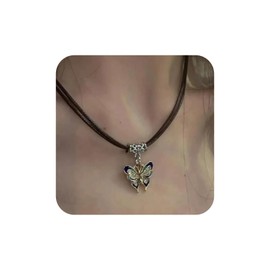 Aneneiceera Vintage Layered Brown Velvet Choker Necklace Boho Butterfly Pendant Necklace Gold Butterfly Choker Necklace Yellow Enamel Butterfly Suede Necklace Chain Jewelry for Women (Brown rope)